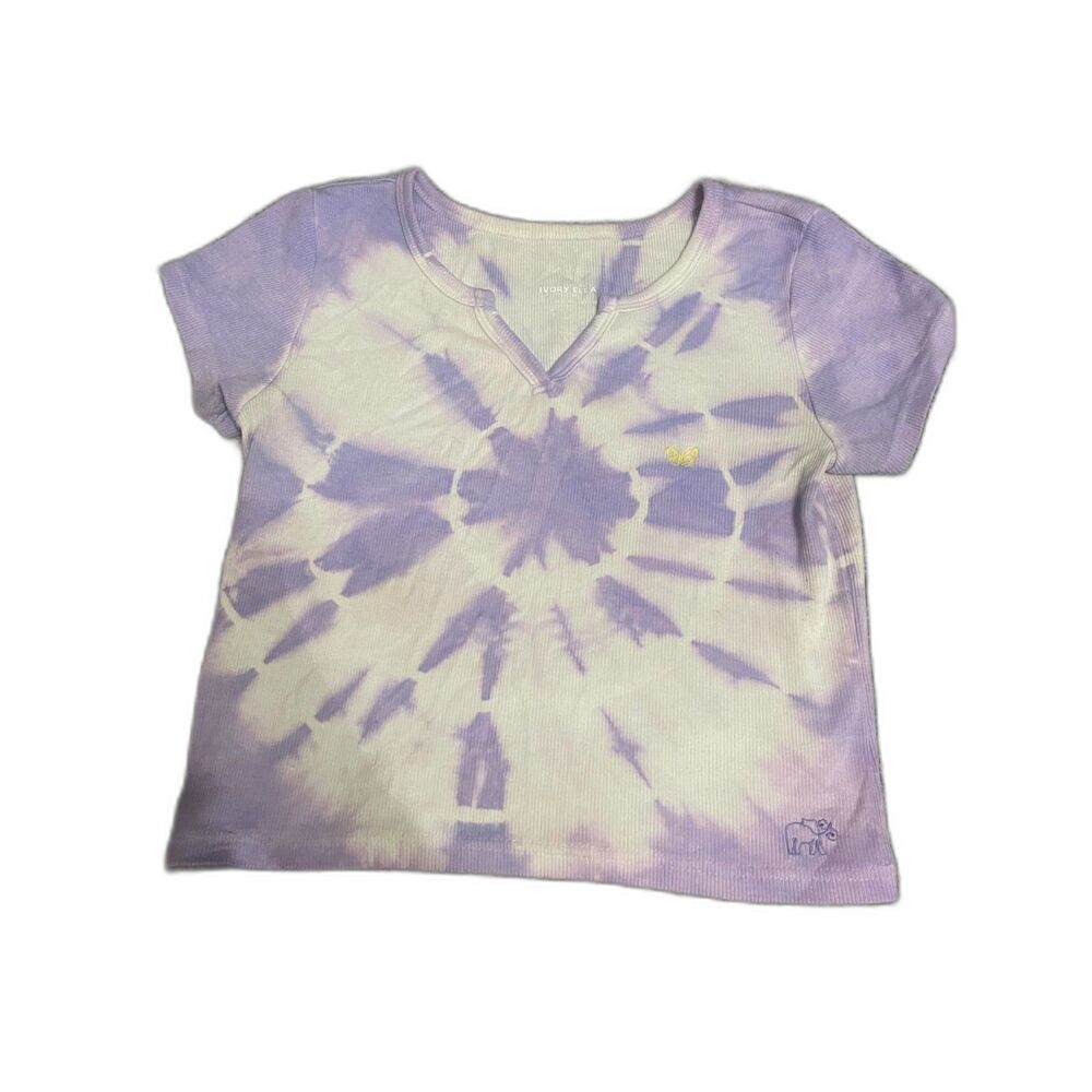 Ivory Ella purple and white butterfly tie-dye ribbed short sleeve crop top M